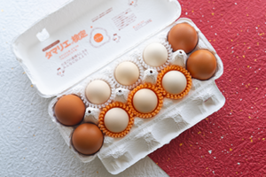 「寒卵」と書かれた10個入り紙パックに入った〈叶烏 プレミアム〉東京うこっけい卵3個、東京うこっけい卵ノーマルタイプ3個、たまごころ４個を真上から撮った写真